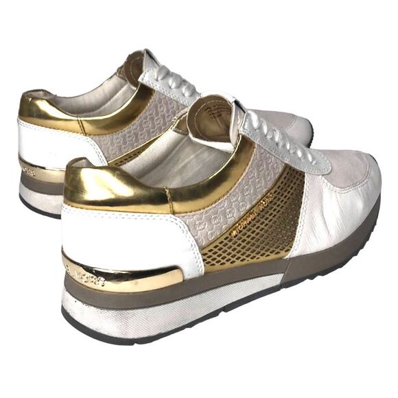 MICHAEL KORS SNEAKERS SHOES WHITE AND GOLD LEATHER AND FABRIC WOMENS SIZE 8.5 - Picture 4 of 14